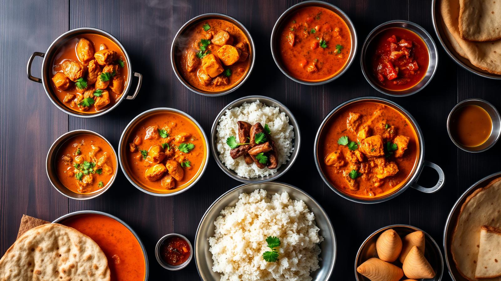 A spread of Indian curries, biryani, naan and tandoori dishes on a wooden table
